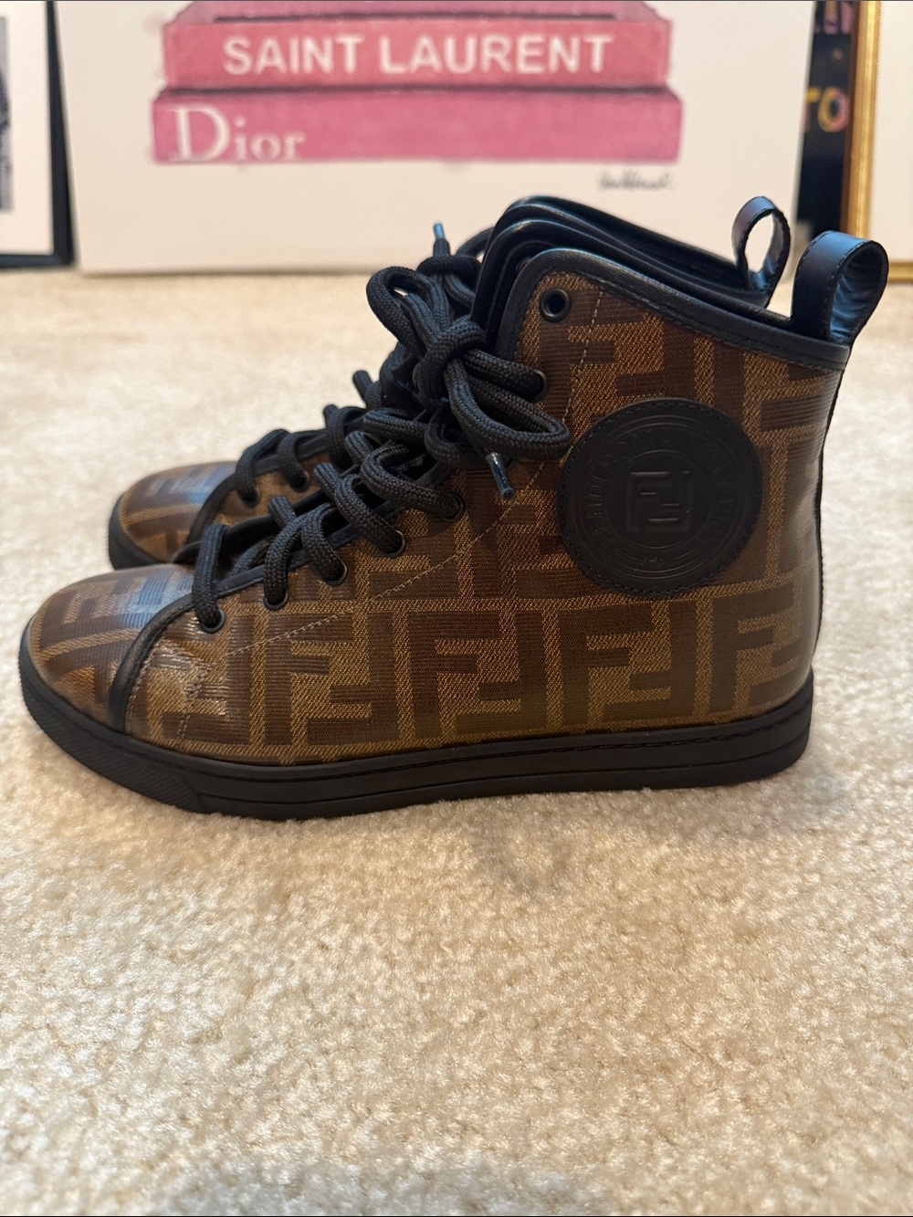 Fendi Brown and Black FF Monogram High-Top Sneakers
